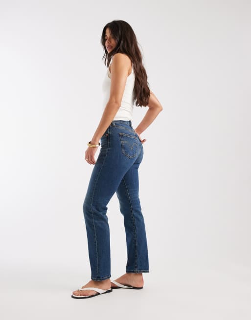 Levi's jeans 501 dritti a vita alta effetto clessidra in denim blu lavaggio medio, 2 di 5