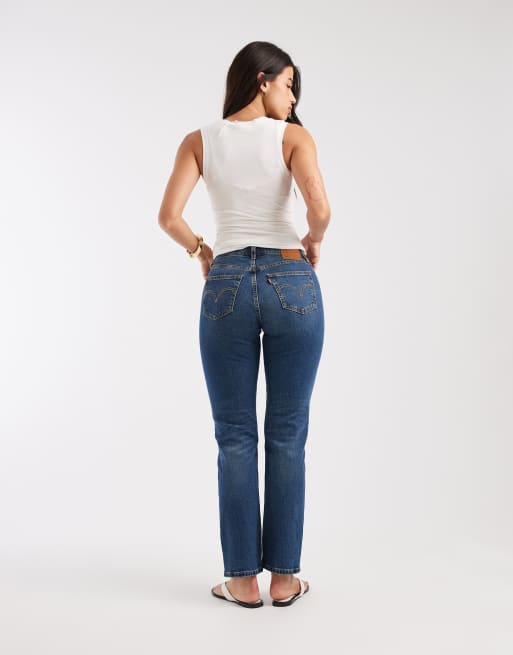 Levi's jeans 501 dritti a vita alta effetto clessidra in denim blu lavaggio medio, 3 di 5