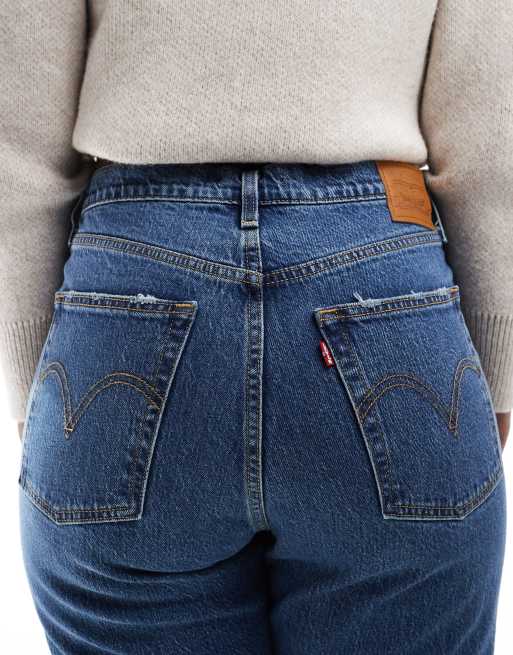 Levi's - Jeans ribcage dritti a vita alta blu medio lunghezza integrale, 4 di 5
