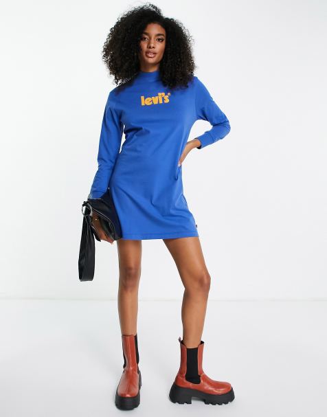 Levi's - Jersey jurk met col en posterlogo in blauw - view 1