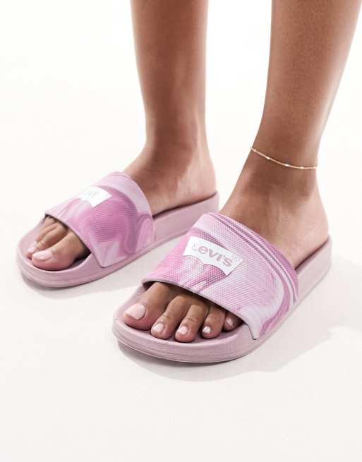 Levi's June Stamp sliders in pink marble print with logo