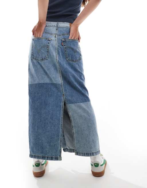 Levi's - Jupe mi-longue en jean boutonnée à l'avant avec écussons - Bleu moyen, 2 de 5