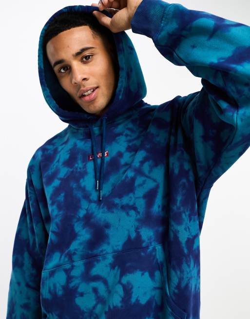 Levi's – Kapuzenpullover mit blauem Batikmuster und mittigem Boxtab-Logo