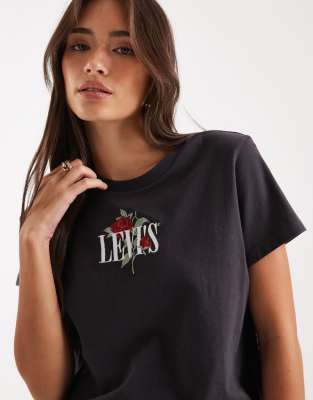 Levi's - Kastiges T-Shirt in Schwarz mit Rosengrafik-Logoprint