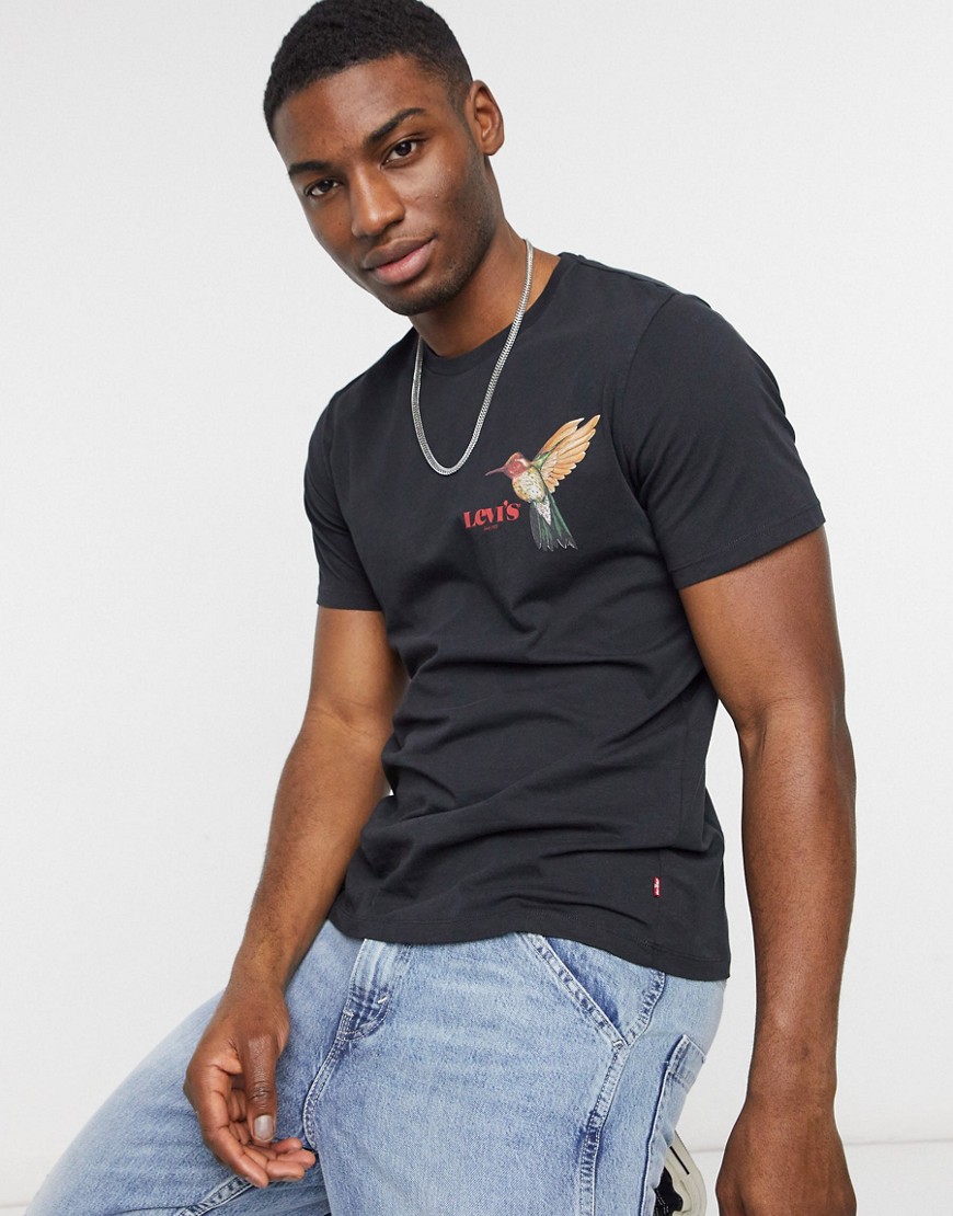 Levi's – Kaviarsvart t-shirt med fågeltryck och logga