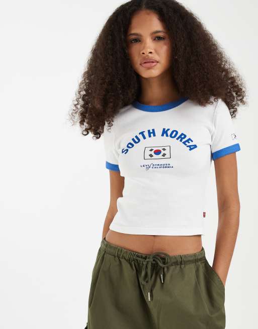Levi's – Knappes Ringer-T-Shirt in Weiß mit „South-Korea“-Print, 4 von 4
