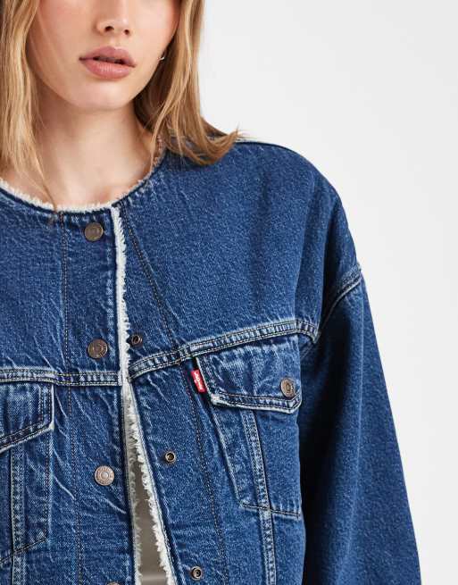 Levi's kort denim truckerjacka med teddyfoder i blått, 4 av 4