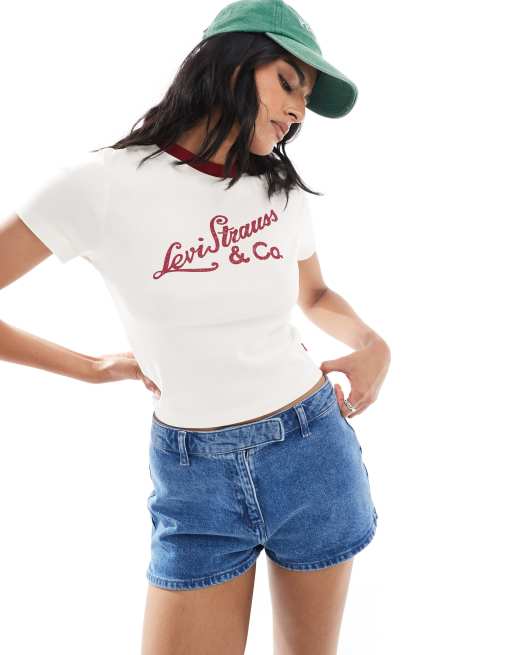 Levi's – Kremowy T-shirt z lamówkami i napisem z logo w stylu vintage