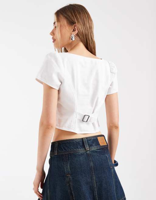 Levi's kurzärmlige Denim-Bluse mit Knopfleiste in Weiß, 4 von 4