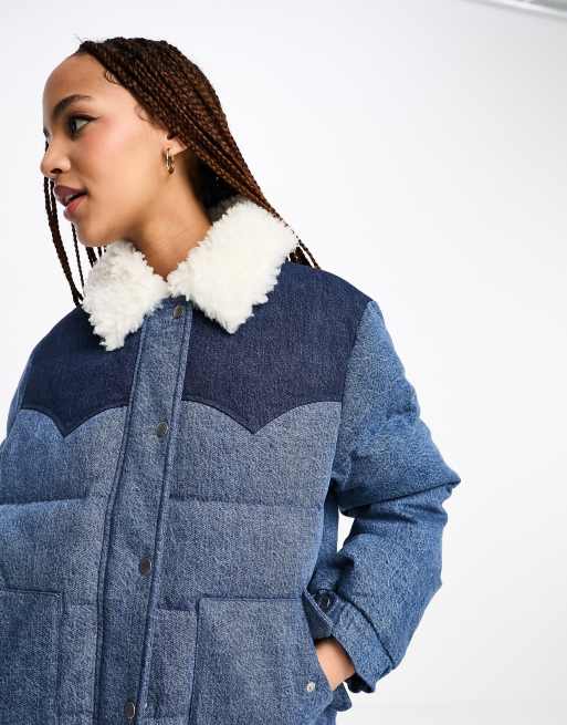 Levi s LA Western denim puffer jacket with fur collar in blue