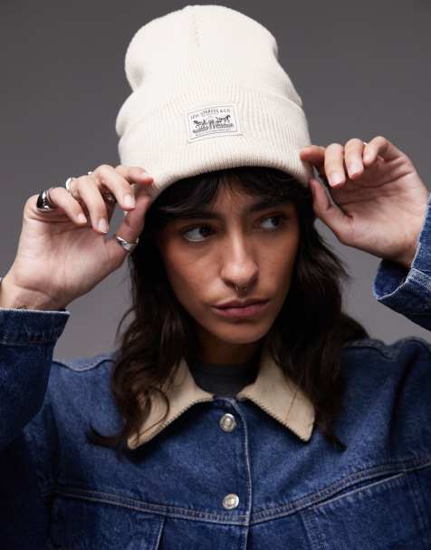 Levi's label logo knit ribbed beanie in cream - view 1