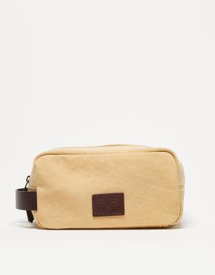 leather patch logo canvas toiletry bag in yellow