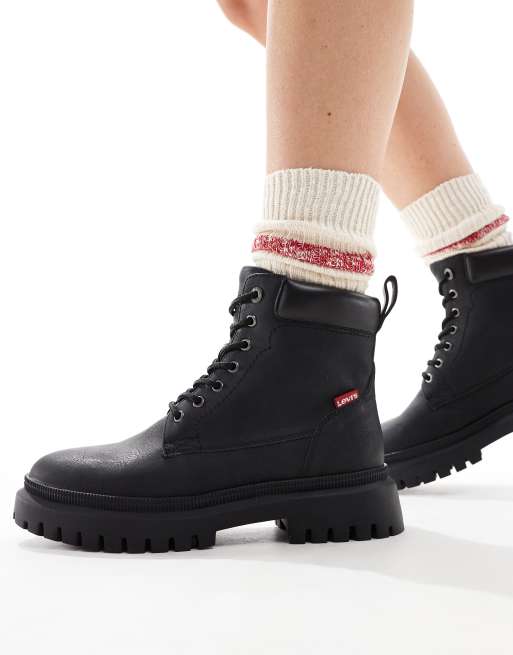 Levi s Lennox lace up boots with red tab logo in black ASOS