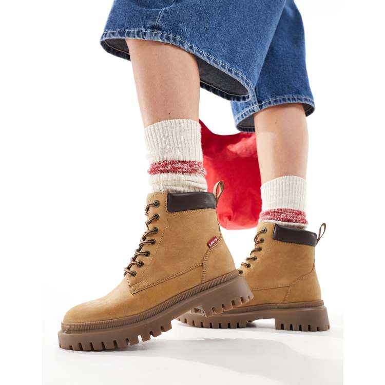 Levi's – Lennox – Schnürstiefel in Hellbraun mit roter Logolasche