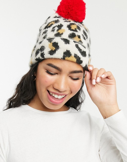 Levi's leopard print beanie hat with pom pom