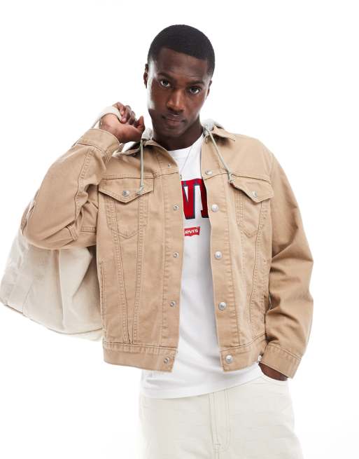Levi's – Locker geschnittene Trucker-Jacke aus hellbraunem Canvas mit Kapuze aus Sweatshirt-Stoff