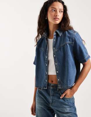 Logan - Chemise en jean coupe carrée - Bleu moyen XS