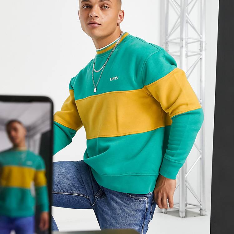 Levi's logo color block chest stripe tipped sweatshirt in green | ASOS
