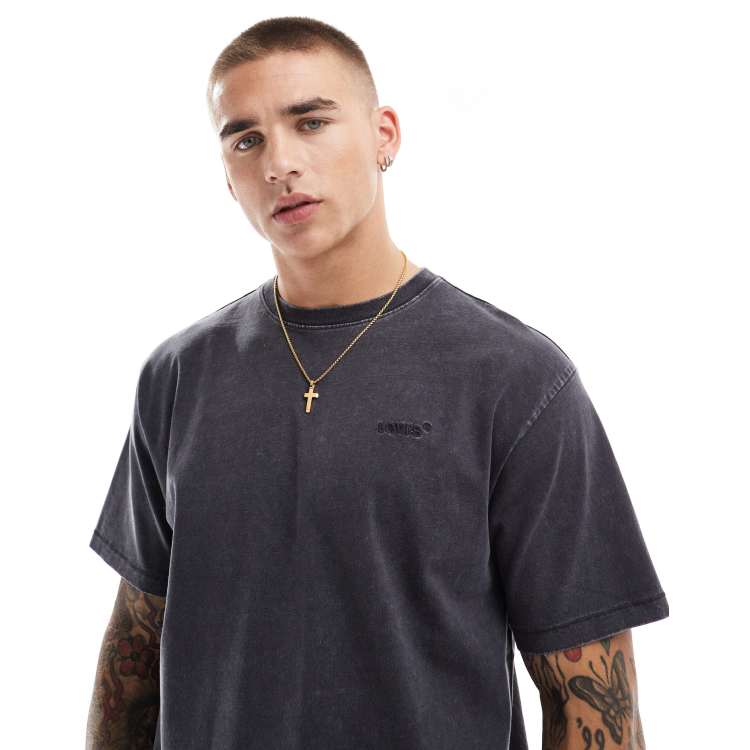 Tシャツ・カットソー [MATINKIM]vintage washed logo top for men in charcoal VINTAGE WASHED LOGO TOP FOR MEN IN CHARCOAL – Matin Kim