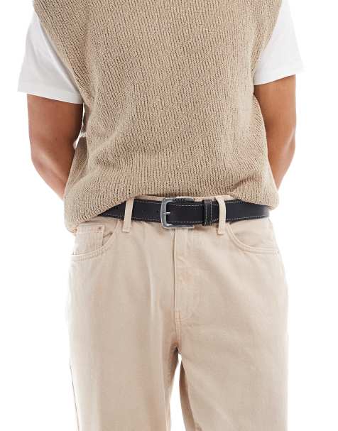 Levi's Loire leather belt with silver logo buckle in black - view 1