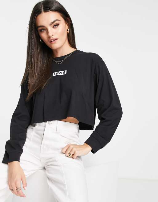 Levi's long sleeve youth box tab crop top in black | ASOS