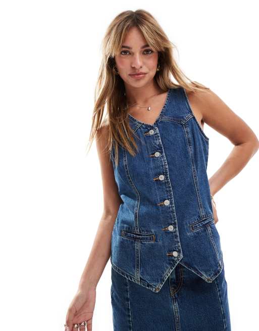 Women's Denim Long Vest - Sleeveless Button-Up Waistcoat With Back Slit, Casual Jean Jacket Style Top