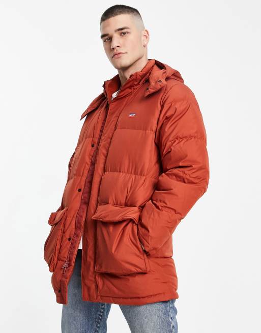 Levi's longline puffer jacket in red with small logo | ASOS