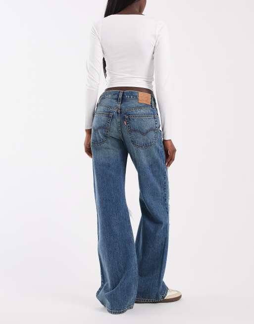 Levi's loose bootcut jeans with distressing in mid blue, 3 of 5