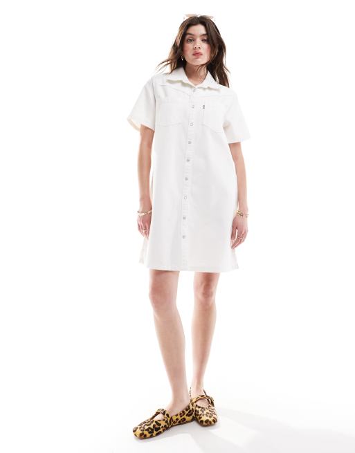 levi's white denim dress Women's Jadine Dress, (New) ICY Ecru (Non-Stretch), X-Small at Amazon Women's Clothing store slit pockets Denim Midi Shirt Dress -