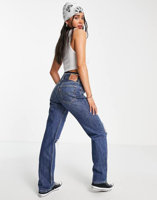 Levi's low pro straight fit jeans with rips in mid wash | ASOS