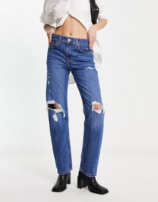 Levi's low waist distressed mom jeans in dark wash blue  - ASOS Price Checker