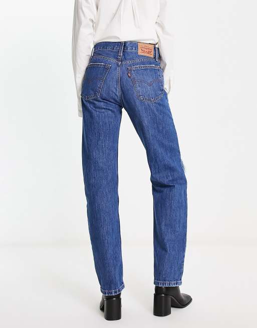 Levi s low waist distressed mom jeans in dark wash blue