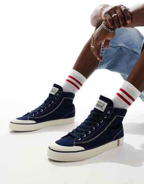 Levi's – LS2 – Niebieskie jeansowe buty sportowe z wysoką cholewką i czerwoną naszywką z logo - view 1