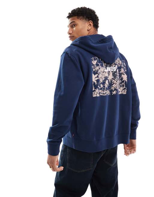 Levi's - Marineblå hættetrøje med gennemgående lynlås og blomsterprint bagpå i afslappet pasform