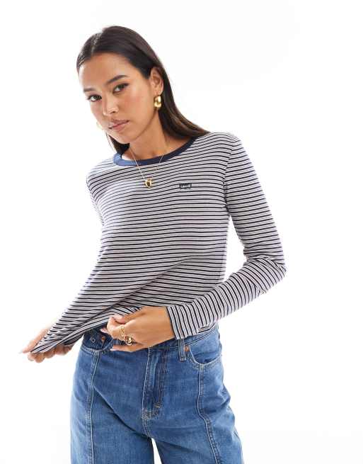 Levi's - Marineblå og langærmet T-shirt med striber og lille flagermusvinge-logo, 2 af 4