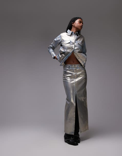 Levi's maxi column metallic denim skirt in gold - view 1