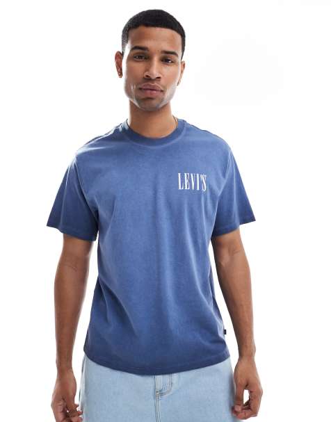 Levi's - Mellemblå T-shirt med logoprint i slidt olievask i afslappet pasform - view 1