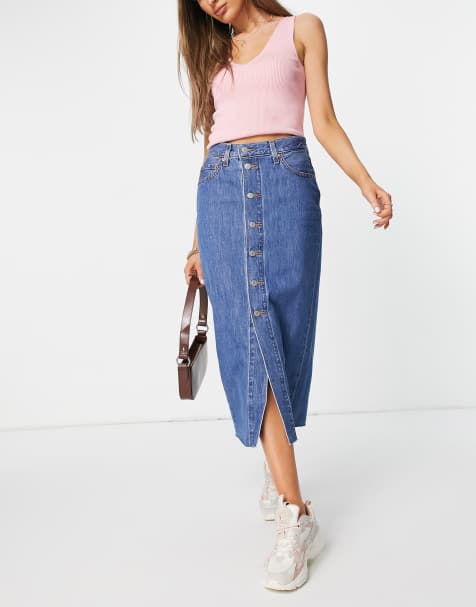 Levi's - Midinederdel med knapper foran i mellemblå denim - view 1