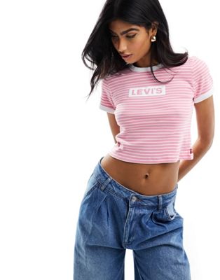 Levi's mini ringer t-shirt with chest text logo in pink stripe