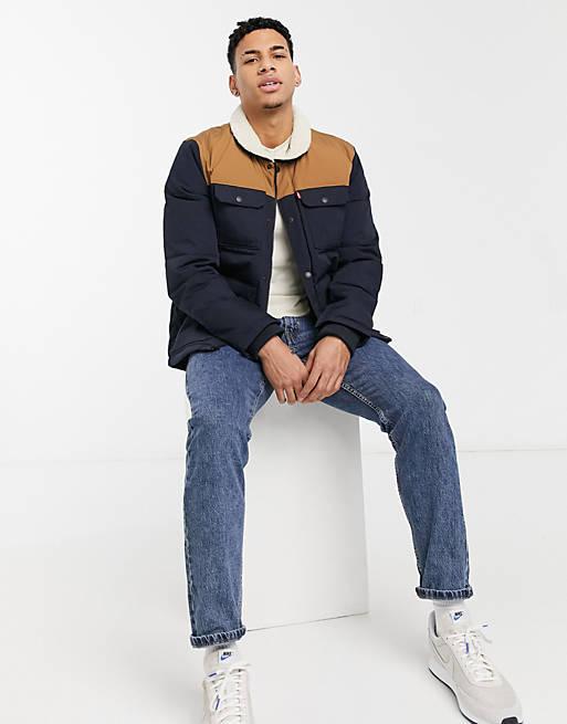 Levi's mixed media woodsman shirt jacket with sherpa collar in navy ...
