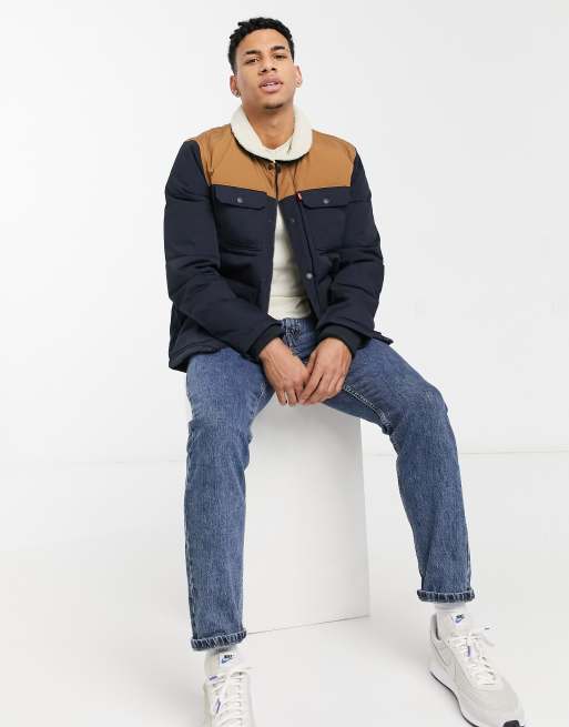 Levi's mixed media woodsman shirt jacket with sherpa collar in navy/worker  brown | ASOS