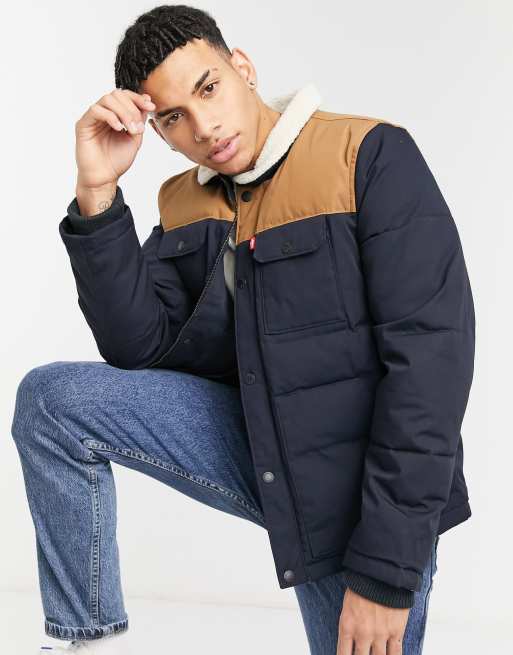 Levi's mixed media woodsman shirt jacket with sherpa collar in navy/worker  brown | ASOS