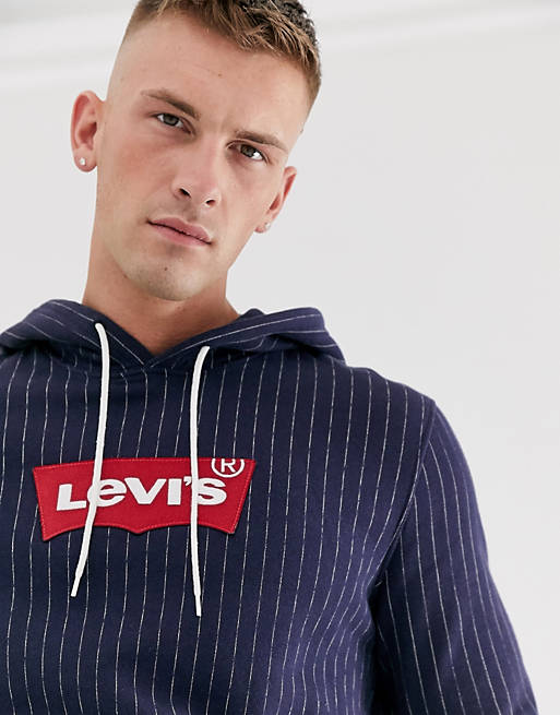 Levi's modern large batwing logo chalk stripe hoodie in nightwatch  blue/white