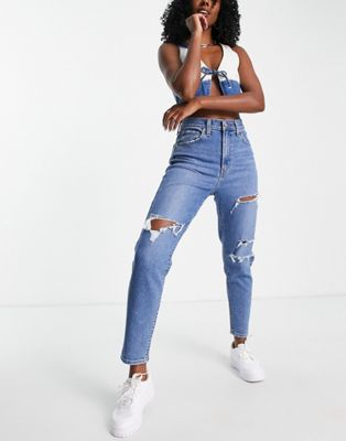 Levi's high waisted mom jeans in mid wash blue - ASOS Price Checker