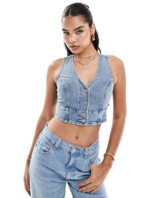 Levi's Mona Denim Corset Crop Top In Mid Blue