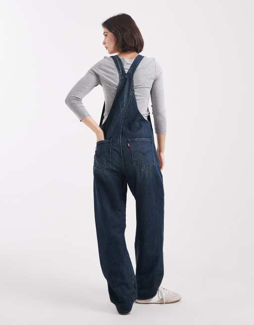 Levi's – Mörkblå, slitna hängselbyxor i vintage fit av denim, 3 av 4