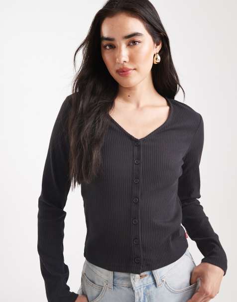 Levi's – Muse – Langärmliges T-Shirt in Schwarz mit durchgehender Knopfleiste vorne - view 1