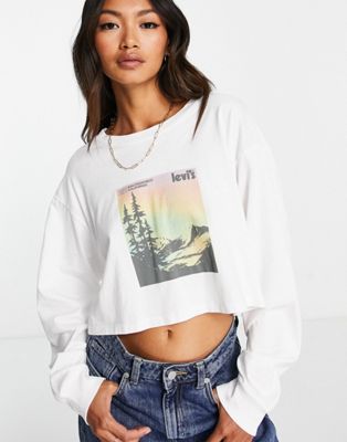 Levi's natures valley graphic long sleeve crop top in white