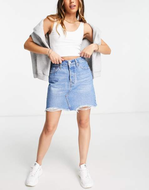 Levi's decontructed raw hem denim skirt in mid wash