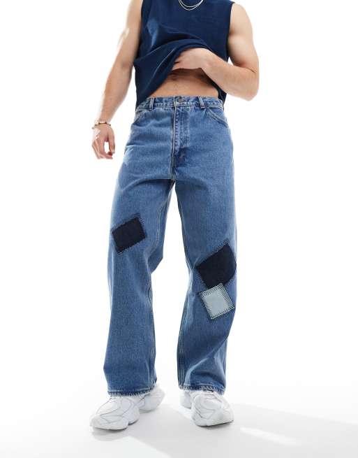 Levi's – Niebieskie jeansy w stylu carpenter o krótkim fasonie z patchworkowym wzorem